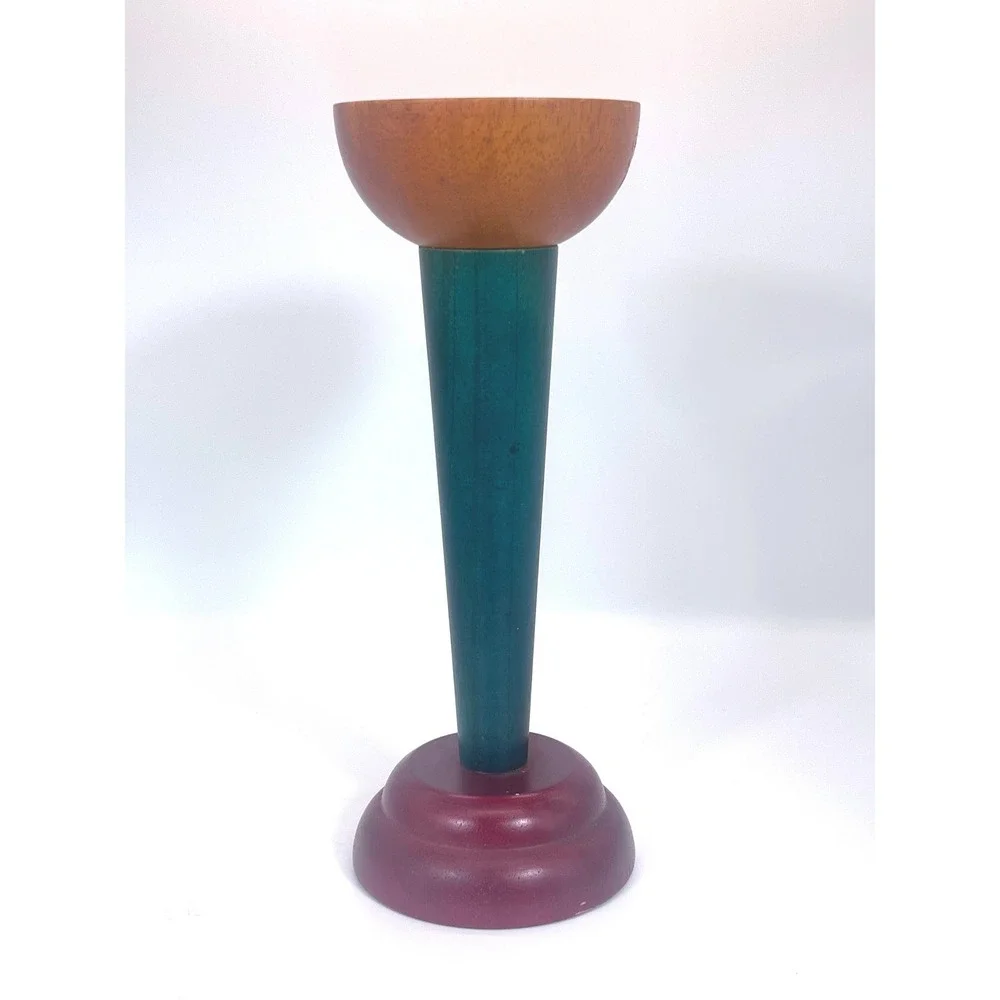 IKEA Monokel Vintage Candle Holder 1980s Post Modern Wood Brass Green Burgundy